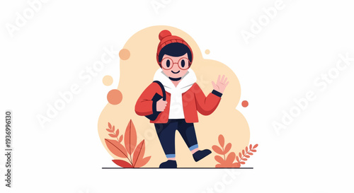A cheerful cartoon character in a red jacket, glasses, and beanie, carrying a bag, waves hello
