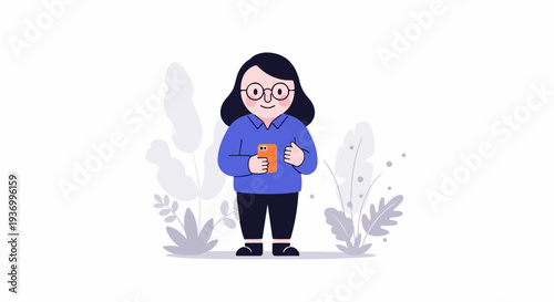 A cartoon woman wearing glasses and a blue shirt smiles while holding an orange phone