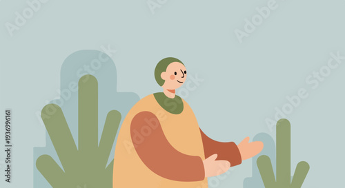 A friendly, smiling person with a light skin tone and green hair is shown from the chest up, gesturing outwards