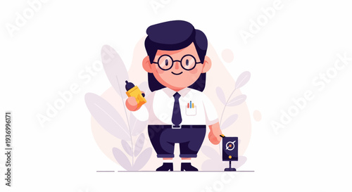 A cartoon scientist with glasses holds a pen, standing next to a small device