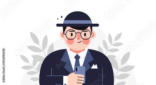 Stylized portrait of a smiling man in a hat and suit, holding a smartphone, with foliage