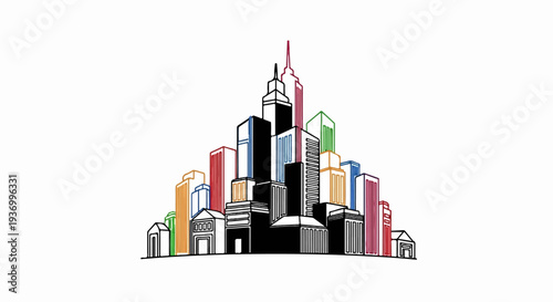Minimalist colorful outline of skyscrapers forming a city skyline