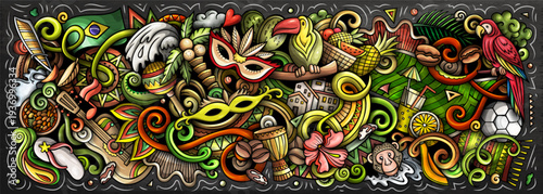 Brazil vector illustration with carnival, Amazon jungle, football, beaches, coffee and cultural icons. Ideal for travel, tourism, nature and adventure themes