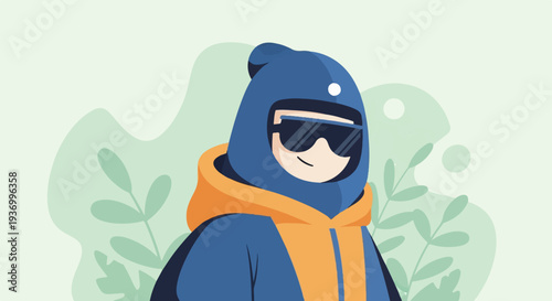 Character with blue hoodie, orange accents, sunglasses, and a beanie