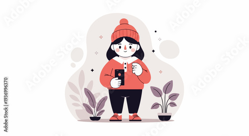 A cheerful, cartoonish girl in a winter hat and cozy sweater holds a smartphone, surrounded by abstract shapes and plants