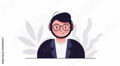 Cartoon portrait of a man wearing headphones and glasses, with plants in the background
