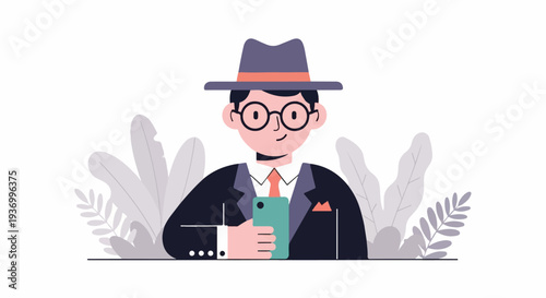 A stylish man in a hat and suit holds a phone, surrounded by plants