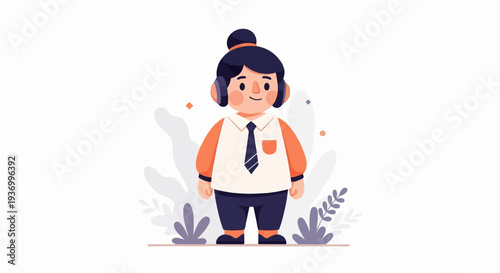 Cheerful cartoon character in headphones and business attire, surrounded by minimalist foliage