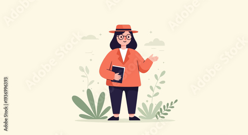 Flat illustration of a woman in a hat and glasses holding a book