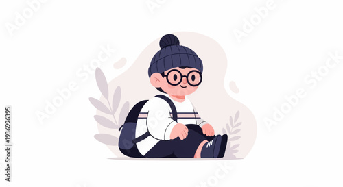 A cartoon child in a beanie and glasses sits with a backpack, against a soft background with leaves