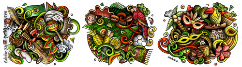 Brazil cartoon vector doodle designs set. Colorful detailed compositions with lot of Brazilian objects and symbols. Isolated on white illustrations