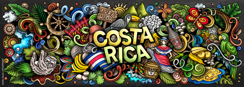 Obraz premium Colorful Costa Rica vector illustration with tropical wildlife, exotic plants, beaches, volcanoes and culture elements. Perfect for travel, tourism, adventure and nature themes