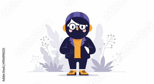 A stylized character in a purple beanie, glasses, and casual outfit stands in a minimalistic botanical setting