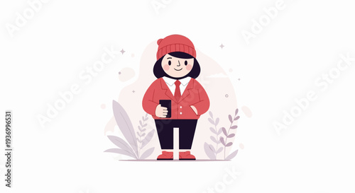 A stylized figure in a red hat, tie, and jacket holds a phone amidst decorative plants