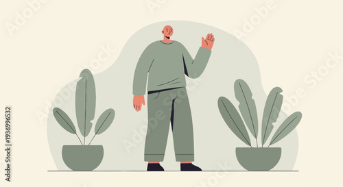 Minimalist illustration of a bald person in a green outfit waving hello, with potted plants