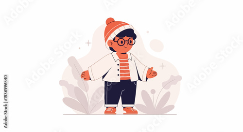 A stylized cartoon child in an orange hat and glasses, wearing striped shirt and white jacket