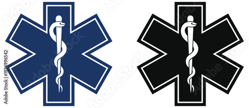 Star of Life medical emergency symbol EMS rescue emblem with staff and serpent, ambulance service healthcare icon, emergency medical assistance sign isolated on white background.
