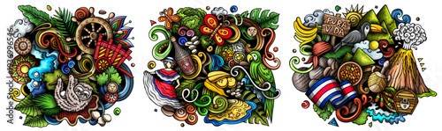 Costa Rica cartoon vector doodle designs set. Colorful detailed compositions with lot of Costa Rican objects and symbols. Isolated on white illustrations