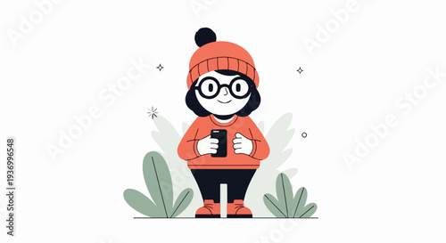 Cheerful person in winter attire happily engrossed with smartphone amidst stylized foliage and starry accents