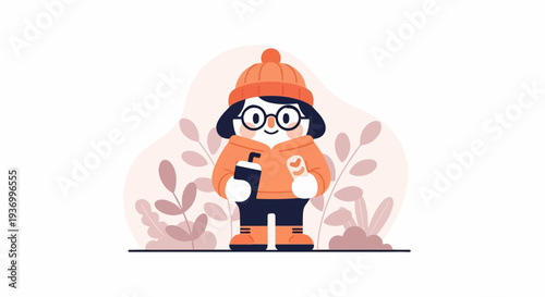 Cheerful character in orange attire with a drink and snack