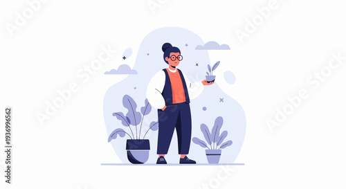 A person with glasses holds a plant, surrounded by lush greenery and abstract shapes