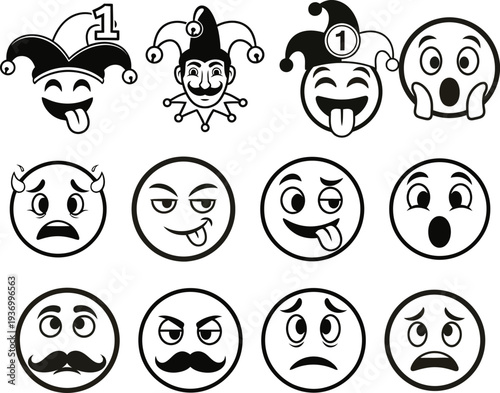 A collection of 12 emoticon faces with various expressions and jester hats