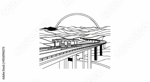 Elevated highway curves through arid landscape under a large arch