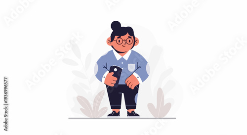 A stylized, round-faced person in a blue patterned shirt and dark pants holds a phone