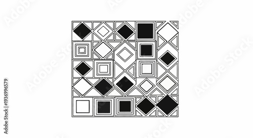 Geometric mosaic of squares, diamonds, and triangles in black and white