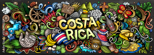 Colorful Costa Rica vector illustration with tropical wildlife, exotic plants, beaches, volcanoes and culture elements. Perfect for travel, tourism, adventure and nature themes