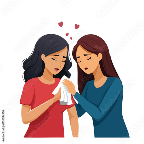 Woman comforts friend with a tissue and floating hearts