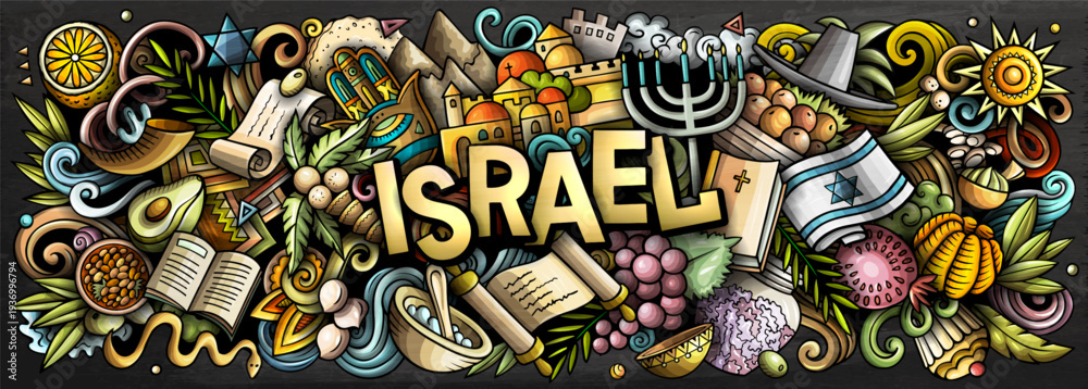 Obraz premium Colorful Israel vector illustration with landmarks, traditions, religion, food and nature. Perfect for travel, culture, history and tourism design projects