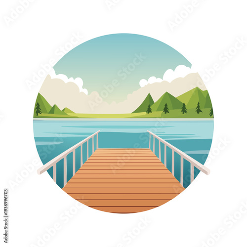 Wooden pier over water with green hills in a circular frame