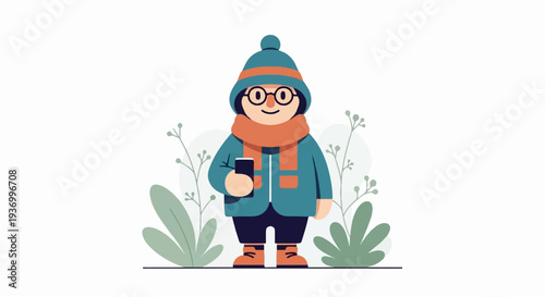 A stylized cartoon figure in winter attire holding a smartphone amidst sparse foliage