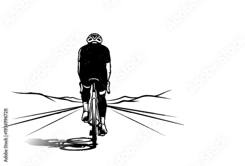 Minimalist depiction of a cyclist from behind on a stark, abstract road
