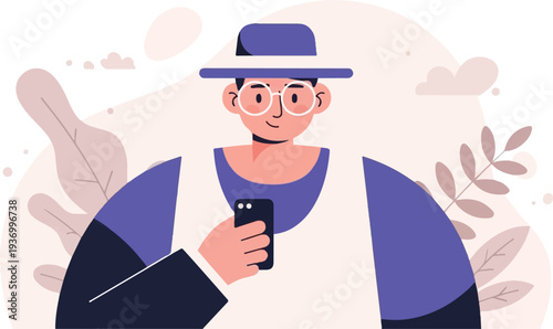 Stylized person in hat holding a smartphone, surrounded by abstract floral elements