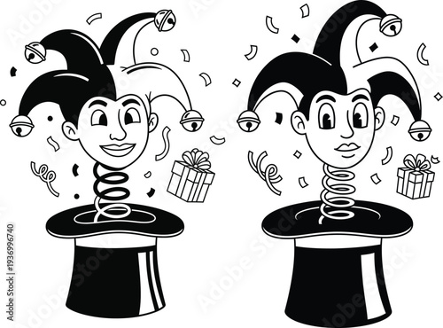 Two jolly jesters springing out of top hats with confetti and gifts