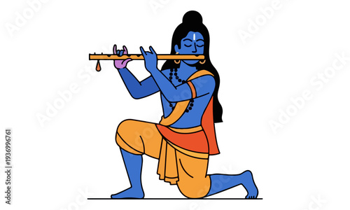 Lord Krishna Playing Flute Vector Illustration Isolated on White
