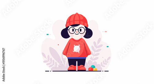 A charming cartoon girl wearing a red beanie, glasses, and sweater with a quirky symbol