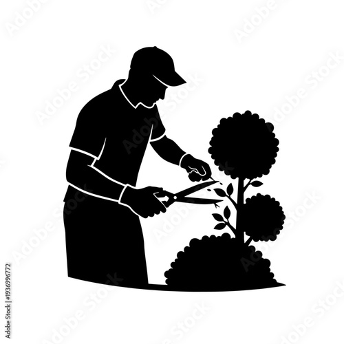Silhouette of a gardener trimming a bush with pruning shears, depicting garden maintenance.