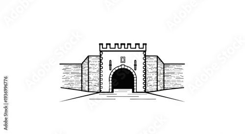 Ornate castle gateway with arched entrance, crenellated battlements and stone walls