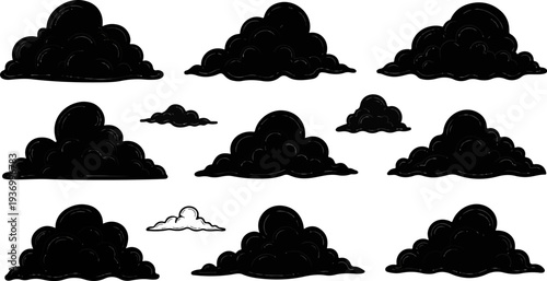 Collection of varied black and white cartoon-style clouds