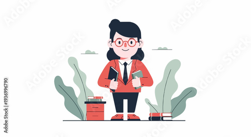 A character in a red jacket and glasses holds books near plants and a small desk