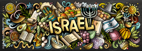 Colorful Israel vector illustration with landmarks, traditions, religion, food and nature. Perfect for travel, culture, history and tourism design projects