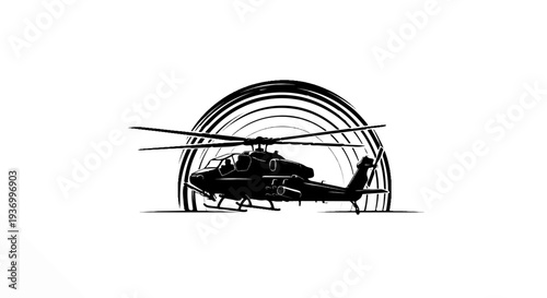 Silhouette of a combat helicopter with rotor blades extended above a circular motif