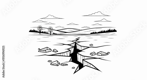 Cracked ice on a frozen lake with barren trees, hills, and clouds