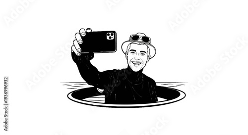 Man in hat and sunglasses takes a selfie from a circular opening in the water