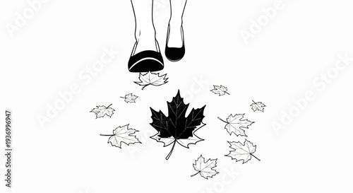 Feet in shoes walking on fallen autumn leaves