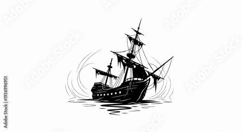 Silhouette of a tattered sailing ship in rough seas