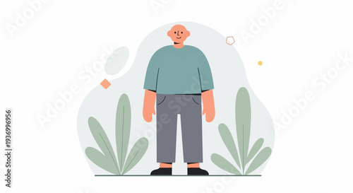 A minimalist illustration depicts a bald, smiling person with large hands, wearing a teal shirt and gray pants, standing between abstract plants